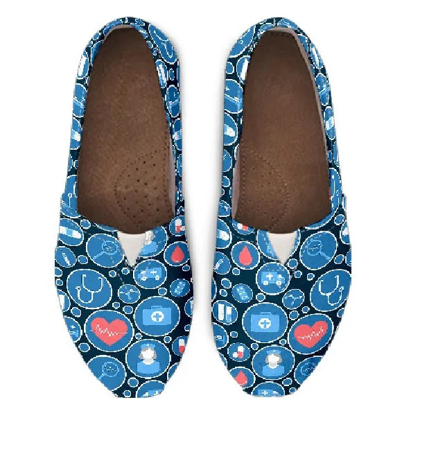 Blue Canvas Nurse Flats 3 With Blue-White Medical Icons