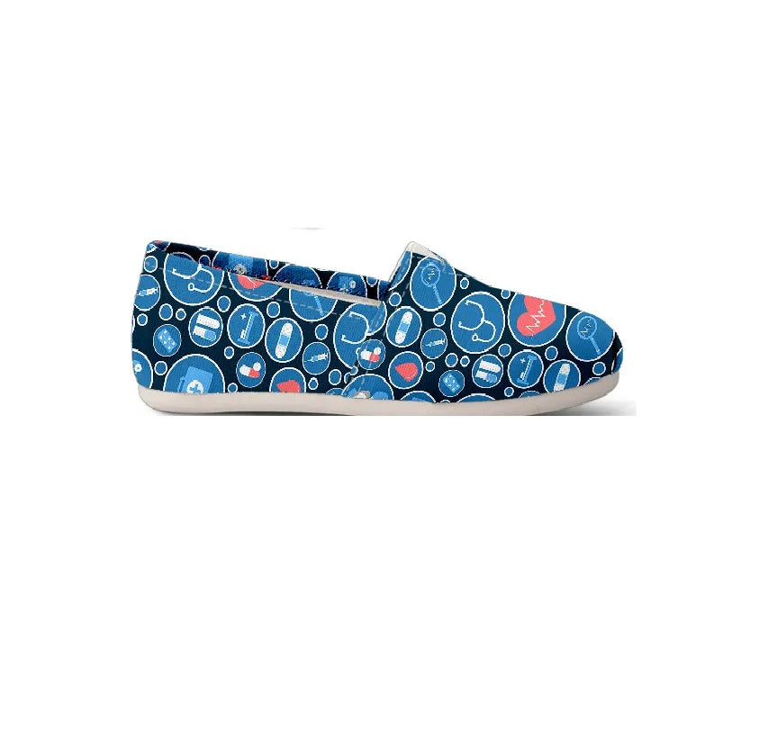 Blue Canvas Nurse Flats 3 With Blue-White Medical Icons