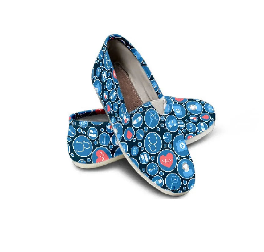 Blue Canvas Nurse Flats 3 With Blue-White Medical Icons