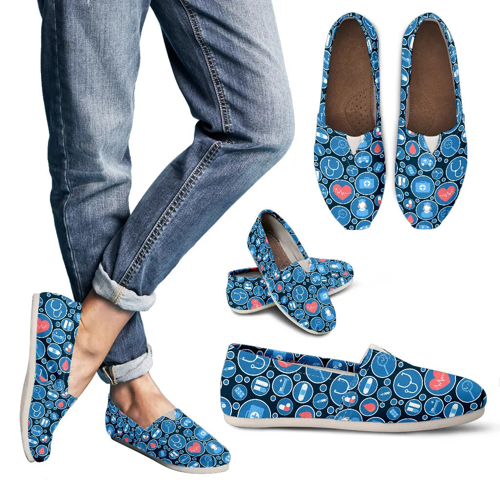 Blue Canvas Nurse Flats 3 With Blue-White Medical Icons
