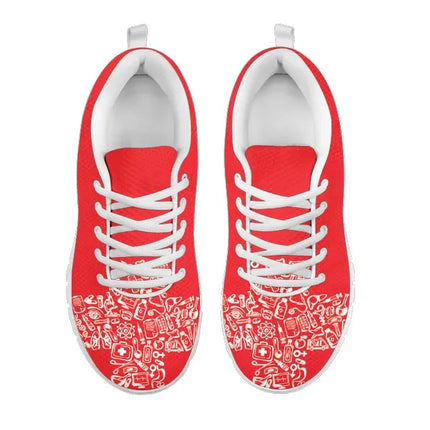 Sneakers da donna rosse da infermiera con croce bianca