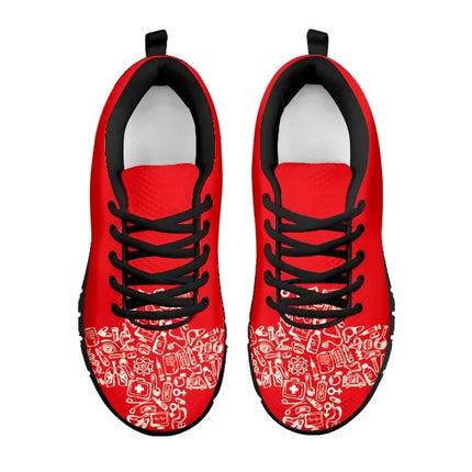 Sneakers da donna rosse da infermiera con croce bianca