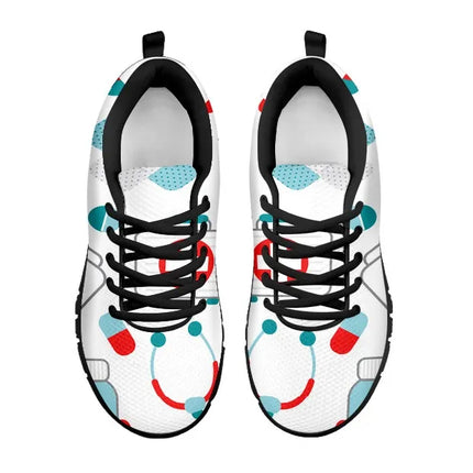 Weißer Mesh-Krankenschwester-Sneaker 10 mit blaugrünen/roten medizinischen Symbolen