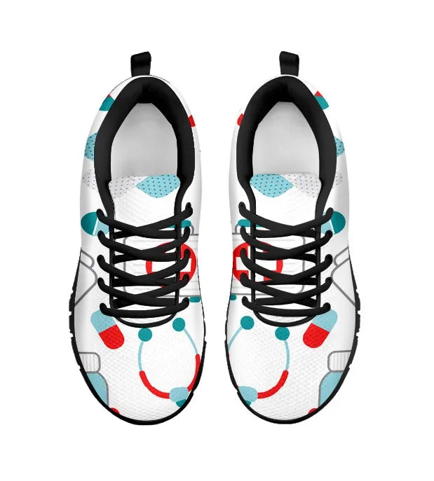 Weißer Mesh-Krankenschwester-Sneaker 10 mit blaugrünen/roten medizinischen Symbolen