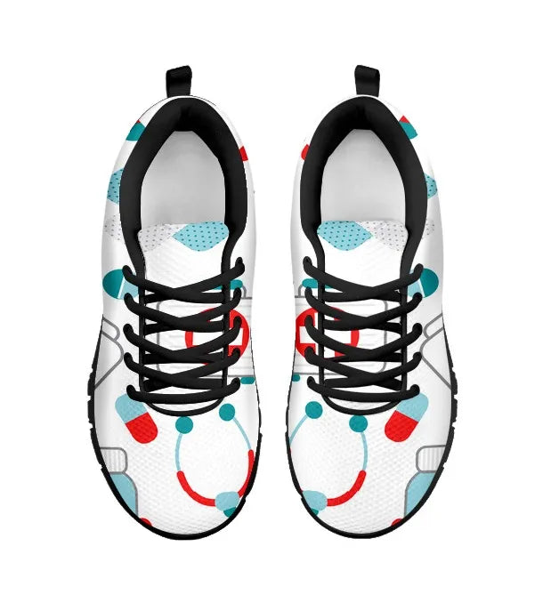 White Mesh Nurse Sneaker 10 With Teal/Red Medical Symbols