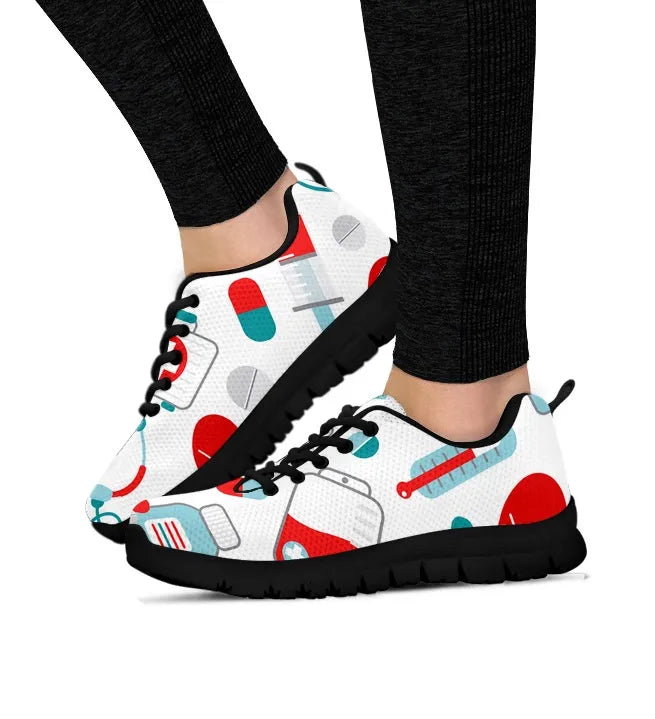 White Mesh Nurse Sneaker 10 With Teal/Red Medical Symbols