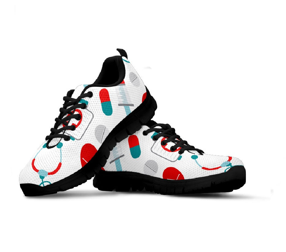 White Mesh Nurse Sneaker 10 With Teal/Red Medical Symbols