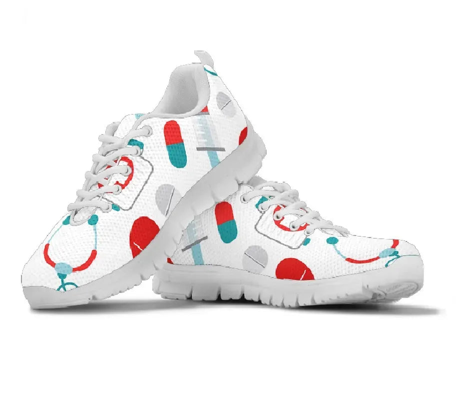 White Mesh Nurse Sneaker 10 With Teal/Red Medical Symbols