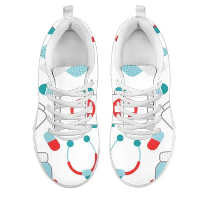 Weißer Mesh-Krankenschwester-Sneaker 10 mit blaugrünen/roten medizinischen Symbolen