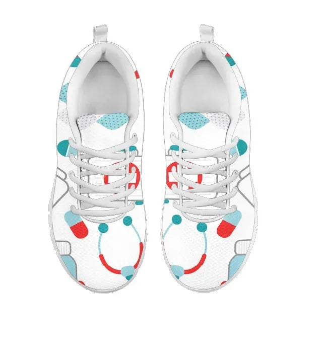 White Mesh Nurse Sneaker 10 With Teal/Red Medical Symbols