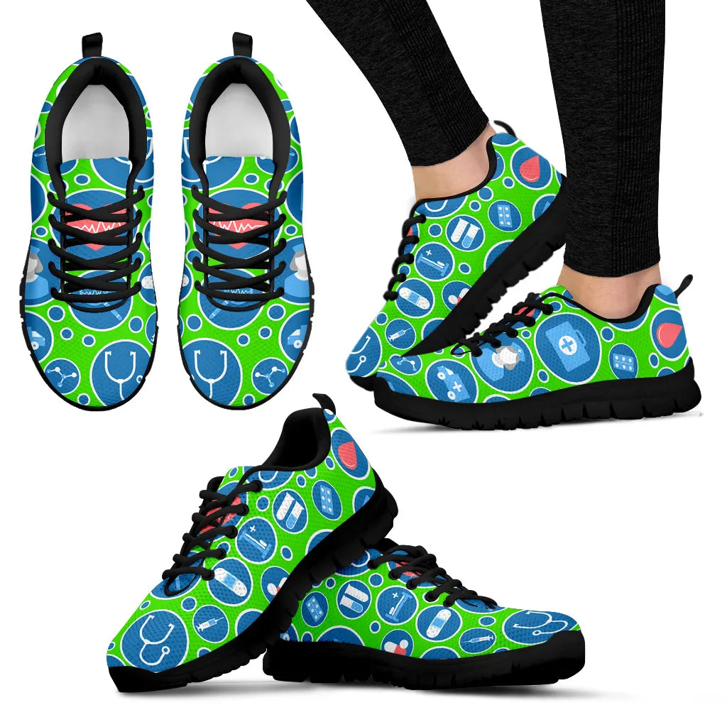 Women's Aqua Green Mesh Nurse Sneakers 3 With Blue-White Medical Icons