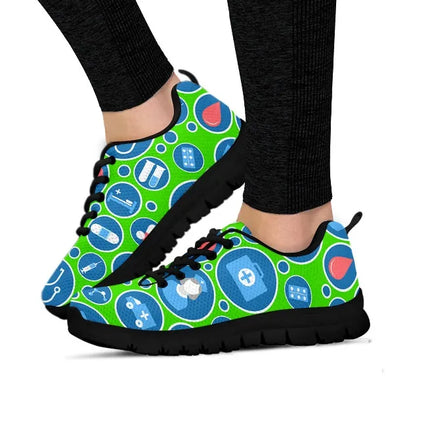 Sneakers da infermiera da donna in rete verde acqua 3 con icone mediche blu e bianche