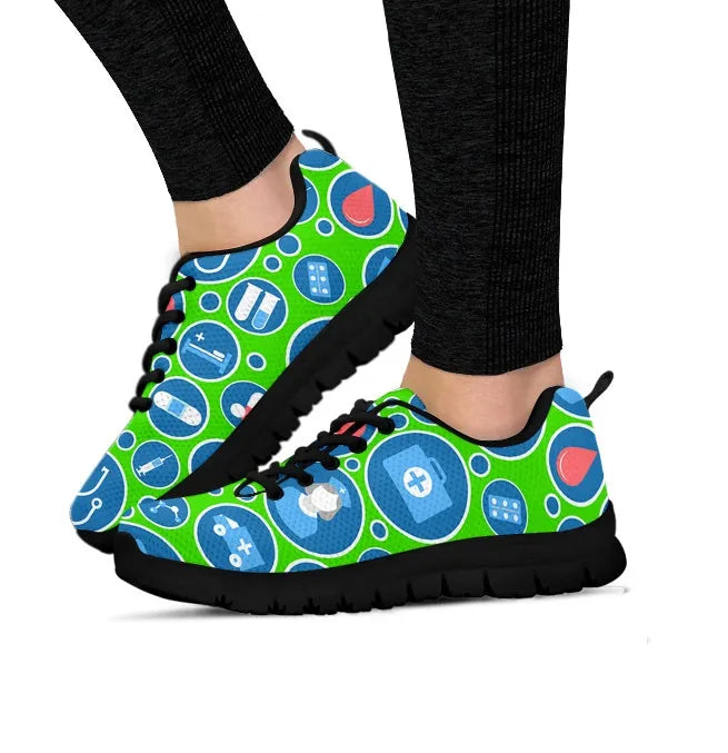 Women's Aqua Green Mesh Nurse Sneakers 3 With Blue-White Medical Icons