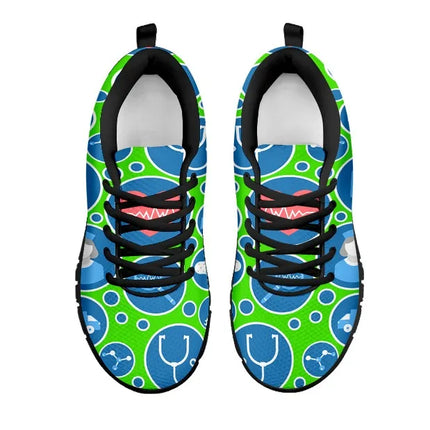 Sneakers da infermiera da donna in rete verde acqua 3 con icone mediche blu e bianche