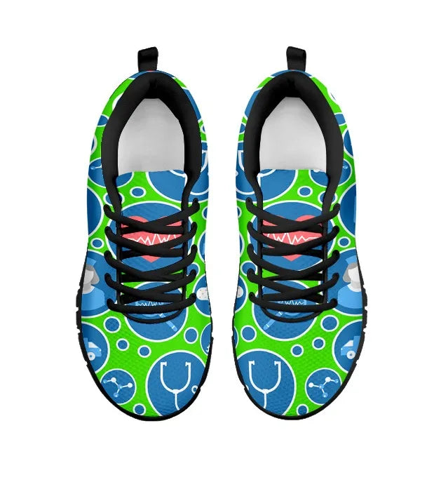 Women's Aqua Green Mesh Nurse Sneakers 3 With Blue-White Medical Icons