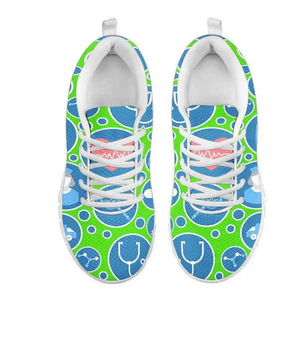 Women's Aqua Green Mesh Nurse Sneakers 3 With Blue-White Medical Icons