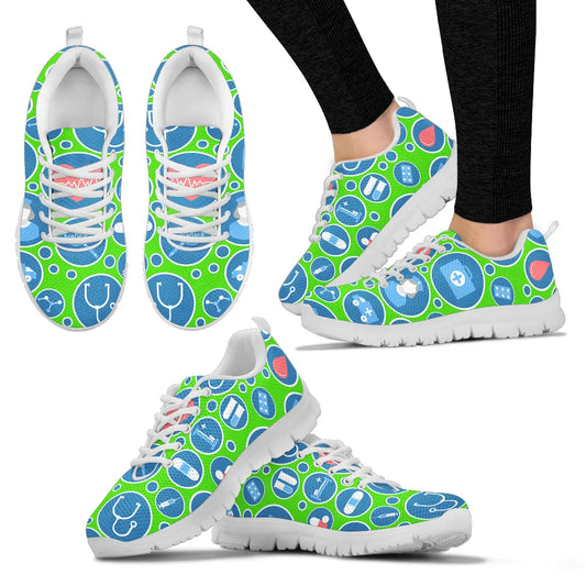 Women's Aqua Green Mesh Nurse Sneakers 3 With Blue-White Medical Icons