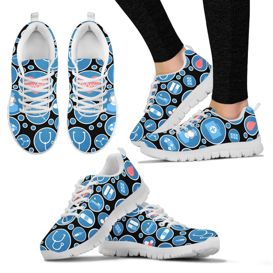 Women's Black Mesh Nurse Sneakers 3 With Blue-White Medical Icons