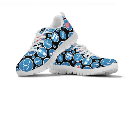 Zapatillas de malla negras para mujer con iconos médicos azul-blanco, modelo 3