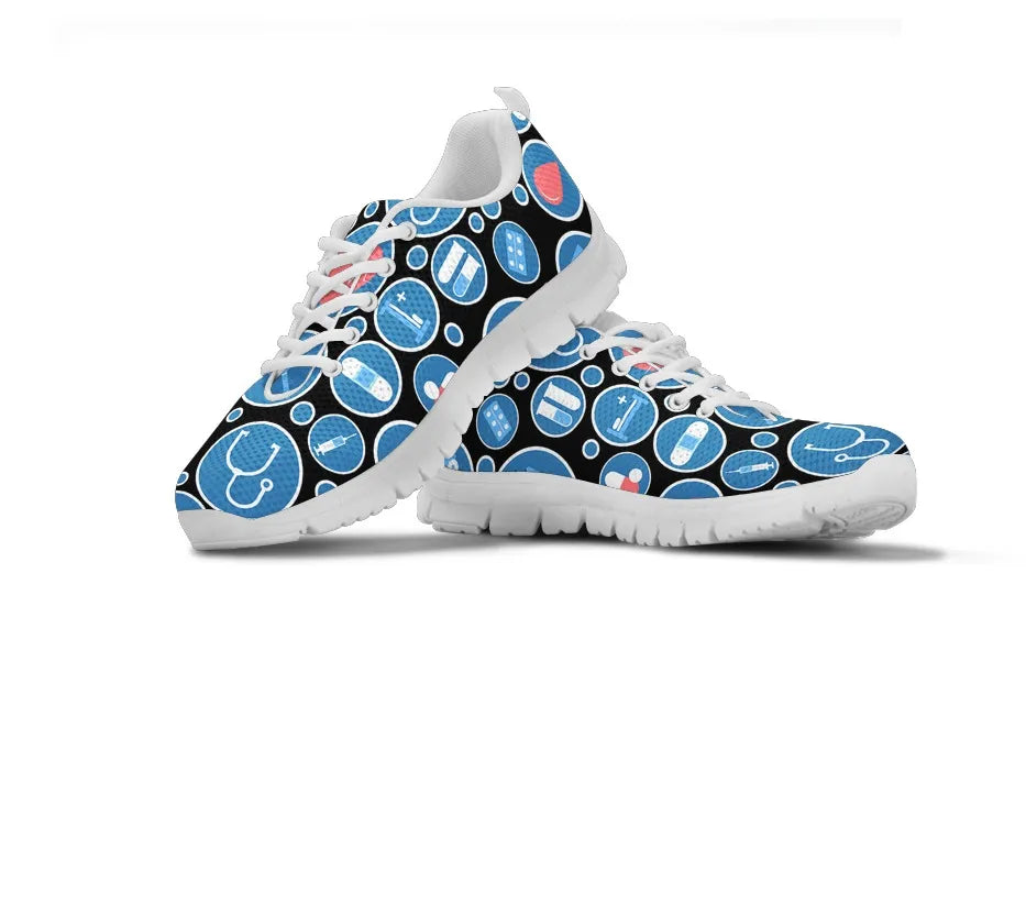 Women's Black Mesh Nurse Sneakers 3 With Blue-White Medical Icons