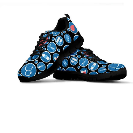 Zapatillas de malla negras para mujer con iconos médicos azul-blanco, modelo 3