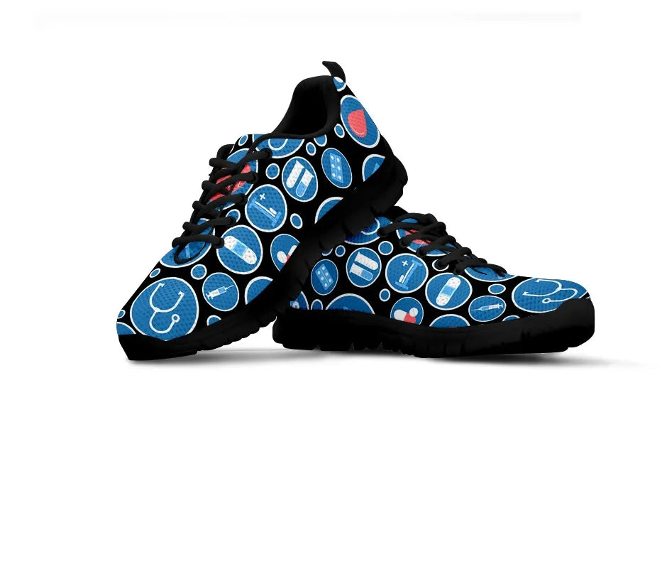 Women's Black Mesh Nurse Sneakers 3 With Blue-White Medical Icons