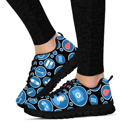 Zapatillas de malla negras para mujer con iconos médicos azul-blanco, modelo 3
