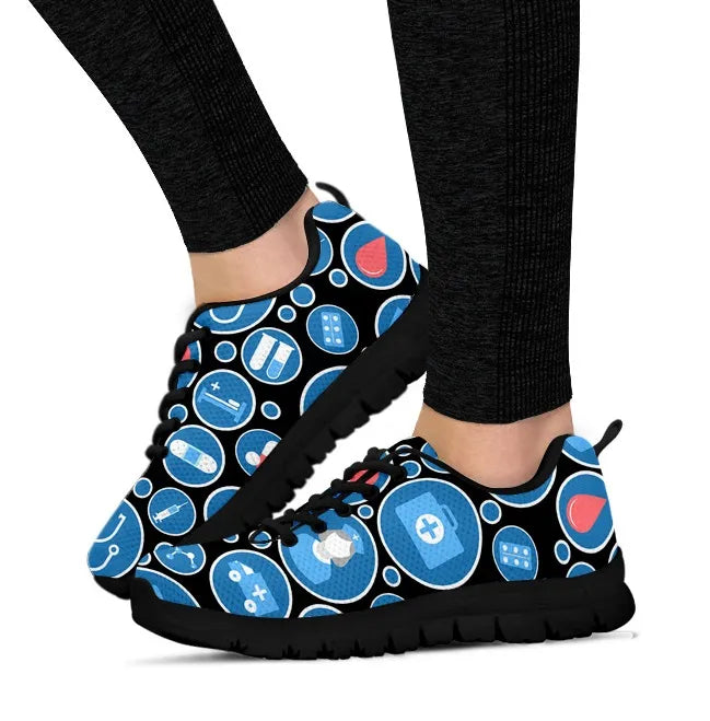 Women's Black Mesh Nurse Sneakers 3 With Blue-White Medical Icons