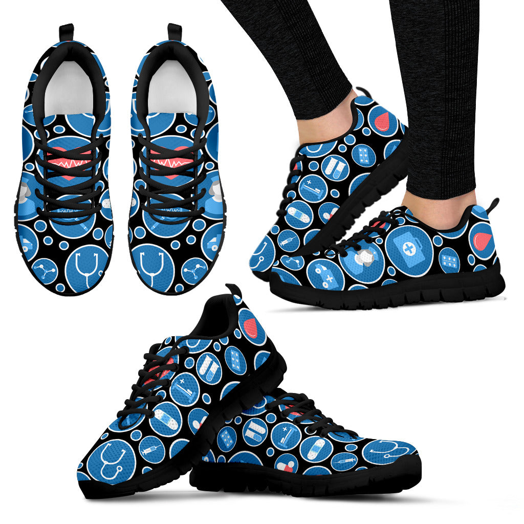 Women's Black Mesh Nurse Sneakers 3 With Blue-White Medical Icons