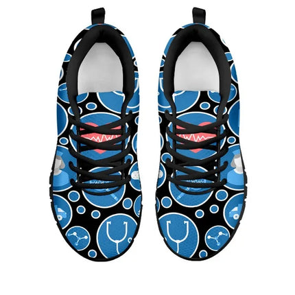Zapatillas de malla negras para mujer con iconos médicos azul-blanco, modelo 3