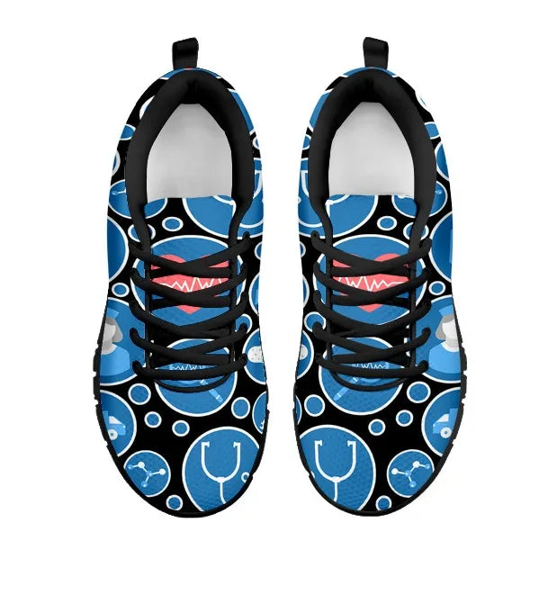 Women's Black Mesh Nurse Sneakers 3 With Blue-White Medical Icons