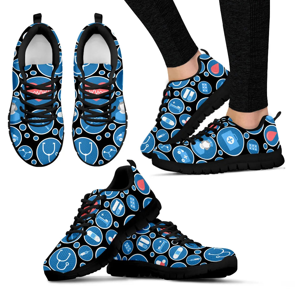 Women's Black Mesh Nurse Sneakers 3 With Blue-White Medical Icons