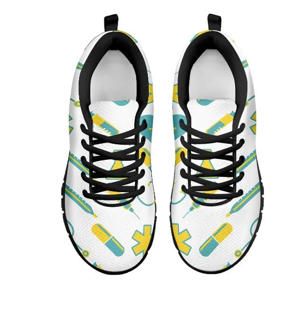 Women's White Mesh Nurse Sneakers 2 With Yellow-Teal Medical Motif