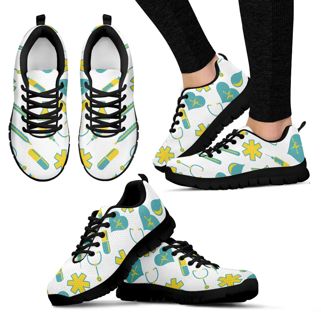 Women's White Mesh Nurse Sneakers 2 With Yellow-Teal Medical Motif