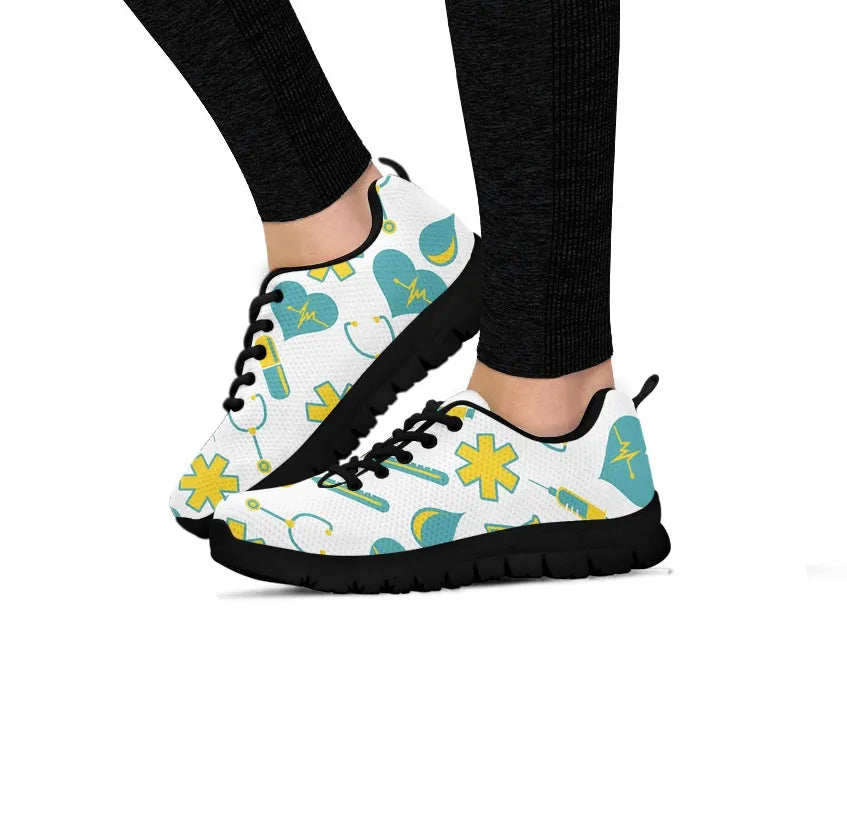 Women's White Mesh Nurse Sneakers 2 With Yellow-Teal Medical Motif