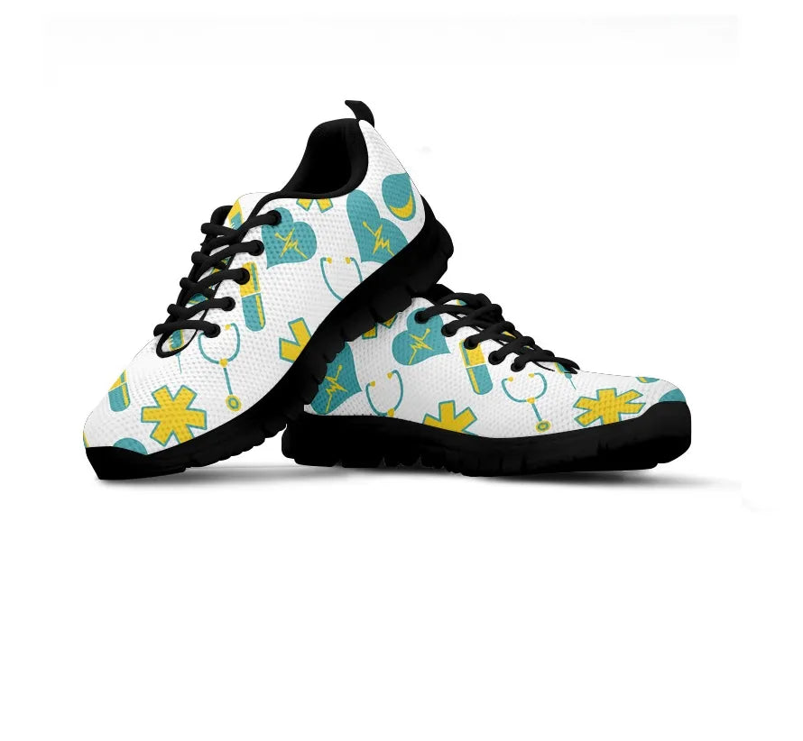 Women's White Mesh Nurse Sneakers 2 With Yellow-Teal Medical Motif