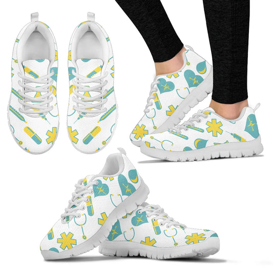 Women's White Mesh Nurse Sneakers 2 With Yellow-Teal Medical Motif