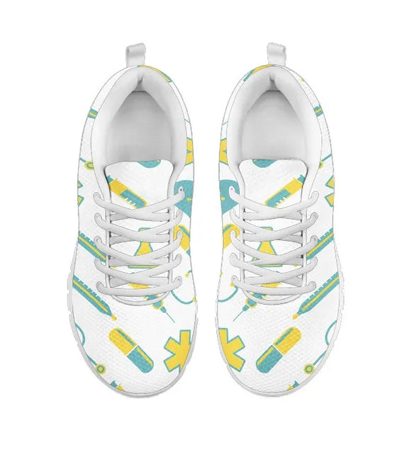 Sneakers da donna bianche in mesh 2 con motivo medico giallo-turchese