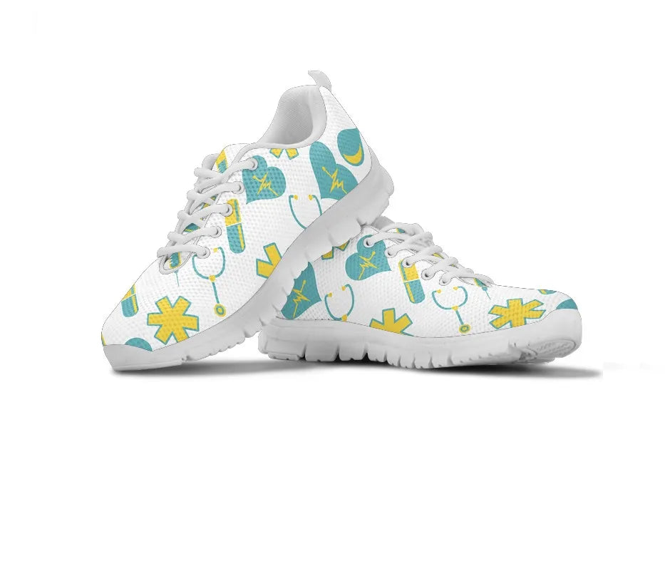 Women's White Mesh Nurse Sneakers 2 With Yellow-Teal Medical Motif