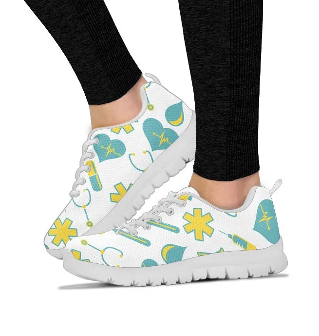 Women's White Mesh Nurse Sneakers 2 With Yellow-Teal Medical Motif