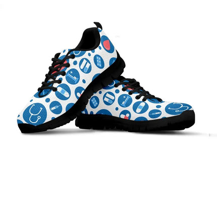 Damskie białe siateczkowe sneakersy pielęgniarskie 3 z niebiesko-białymi ikonami medycznymi
