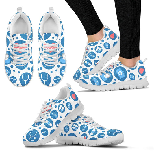 Women's White Mesh Nurse Sneakers 3 With Blue-White Medical Icons