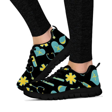 Zapatillas de malla negras para mujer con motivo médico amarillo y verde azulado