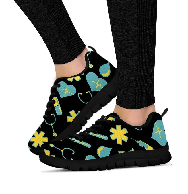 Women's Black Mesh Nurse Sneakers 2 With Yellow-Teal Medical Motif