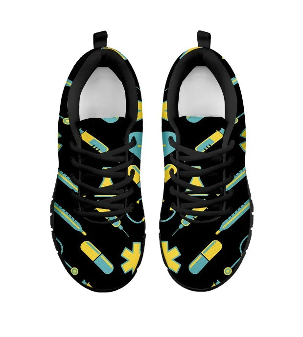 Women's Black Mesh Nurse Sneakers 2 With Yellow-Teal Medical Motif