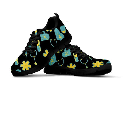 Zapatillas de malla negras para mujer con motivo médico amarillo y verde azulado