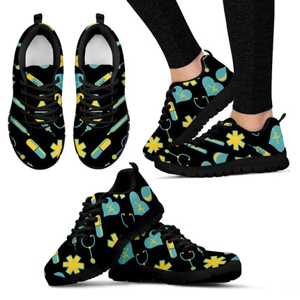 Zapatillas de malla negras para mujer con motivo médico amarillo y verde azulado