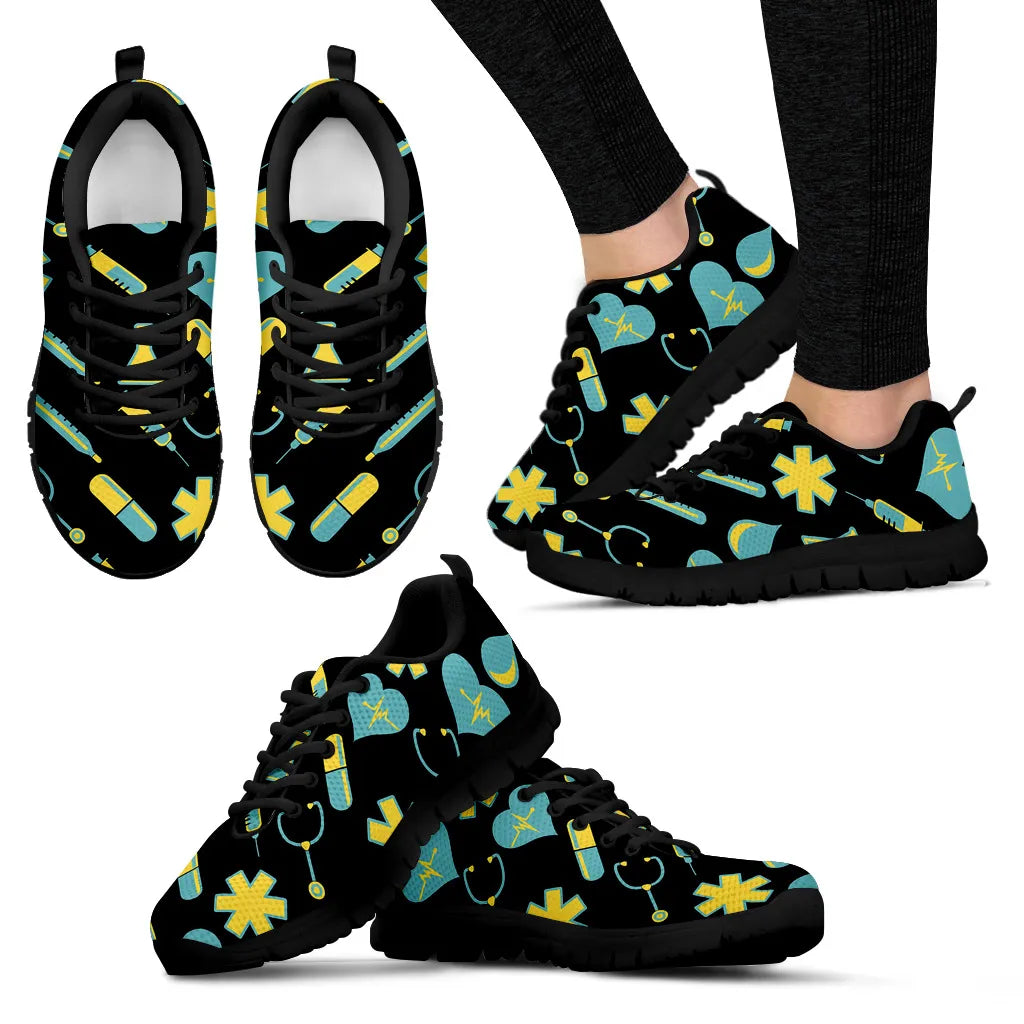 Women's Black Mesh Nurse Sneakers 2 With Yellow-Teal Medical Motif