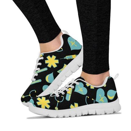 Zapatillas de malla negras para mujer con motivo médico amarillo y verde azulado
