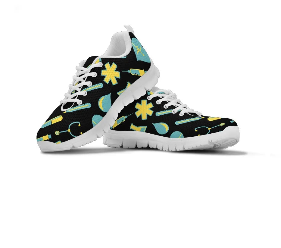 Women's Black Mesh Nurse Sneakers 2 With Yellow-Teal Medical Motif